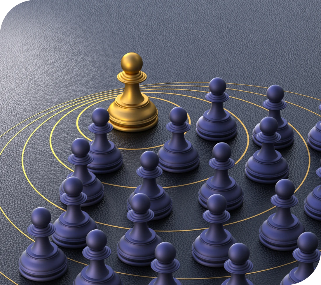 Unique golden pawn among blue pawns