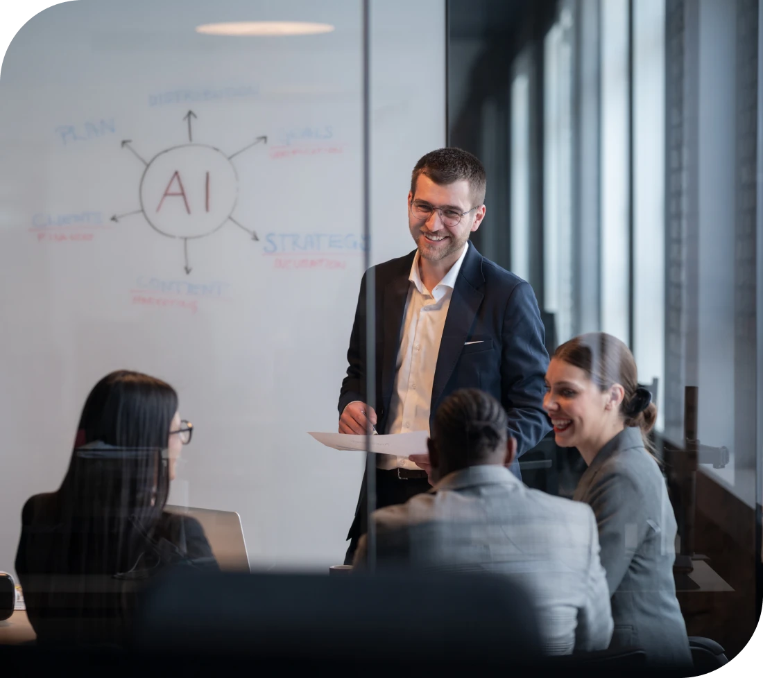 Professionals collaborating on AI project plans