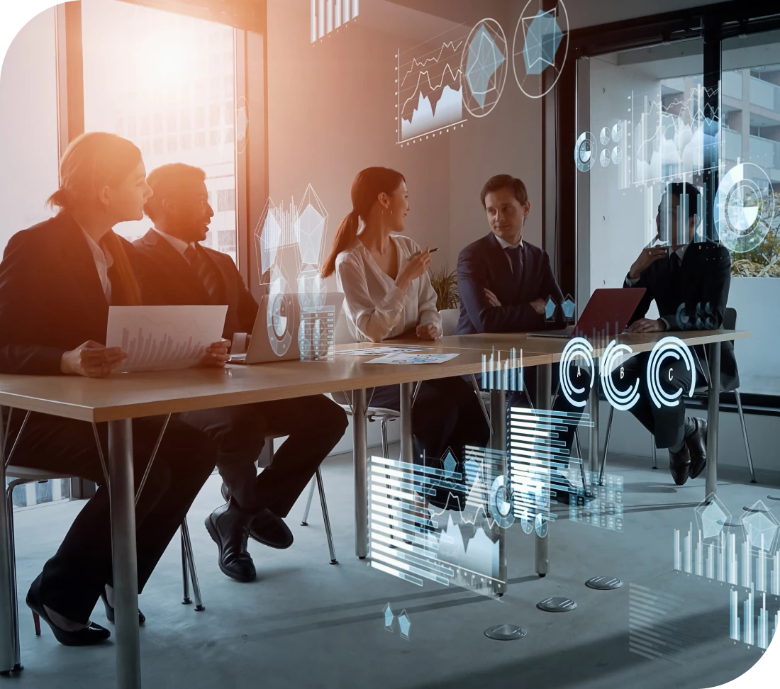 Team discussing analytics in office