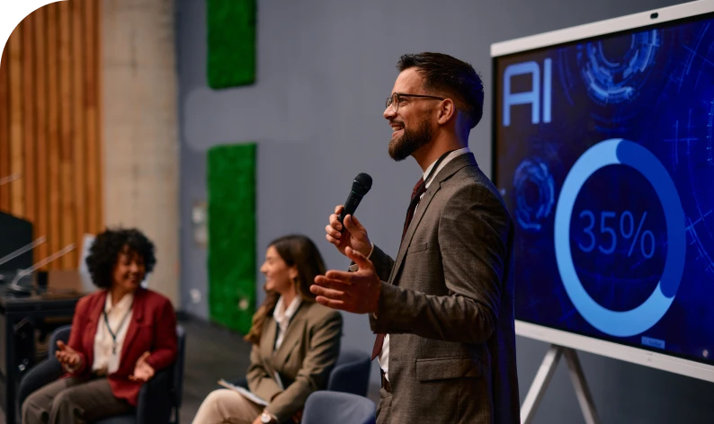 Presenter discussing AI technology