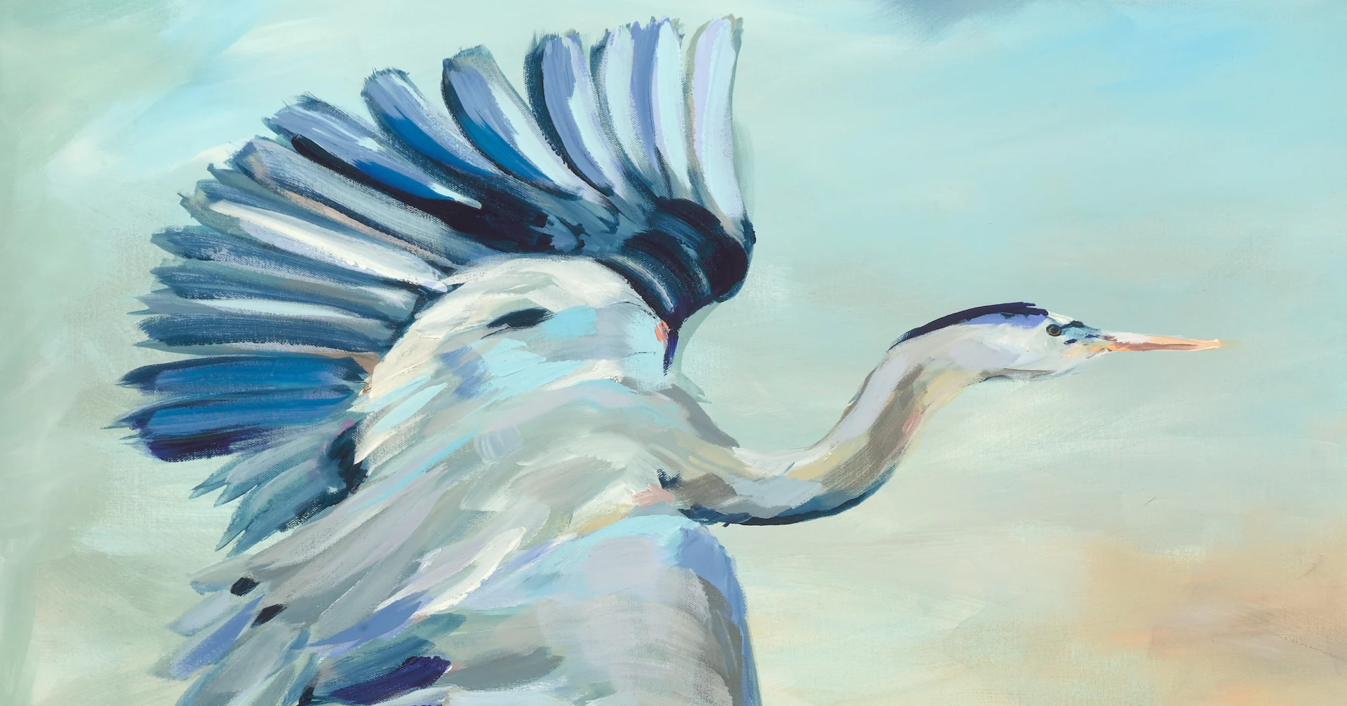 A graceful bird with spread wings in soft pastel tones.